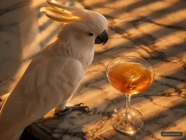 Cockatoo beside a cocktail on a marble surface