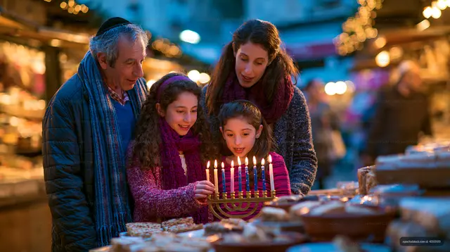Family celebrates Hanukkah at market with menorah and sweets
