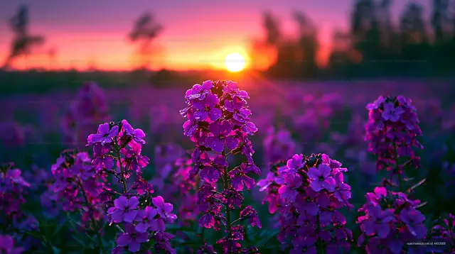 Sunset over purple flowers in a field