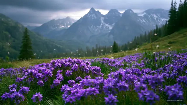 Mountain landscape with purple flowers under cloudy sky