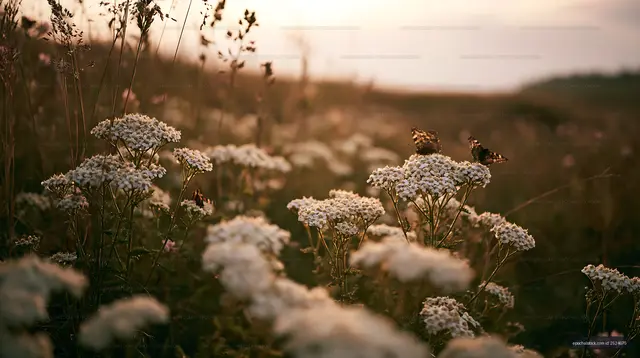 Butterflies on white flowers during sunset in a grassy field