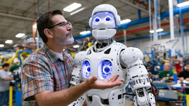 Man interacts with humanoid robot in a factory setting