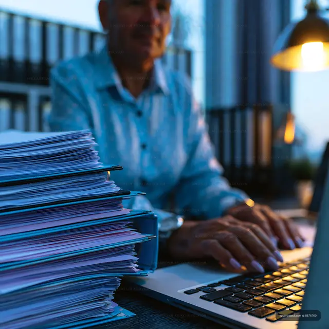 Senior person working late at night with documents and laptop
