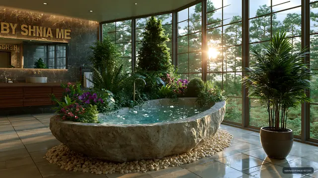 Modern indoor garden bathtub with natural light and plants