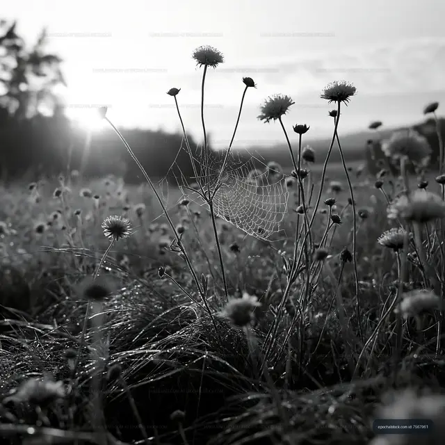 Sunrise over wildflowers with spider web in grassy field