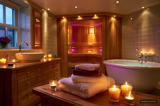 Cozy spa bathroom with candles and warm lighting