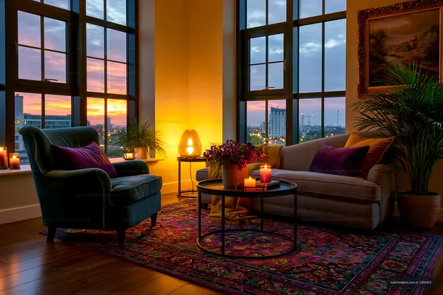 Cozy living room with sunset view and warm lighting