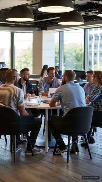 Seven men discuss ideas at a round table in a modern office