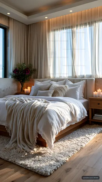 Cozy bedroom with natural light and soft textiles