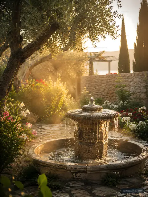 Water fountain in a garden at sunset