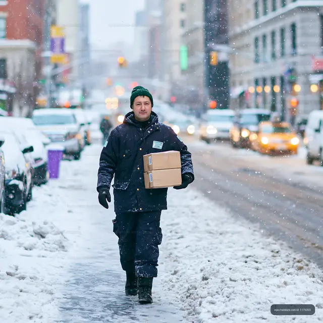 Delivery worker walks on snowy street in winter city