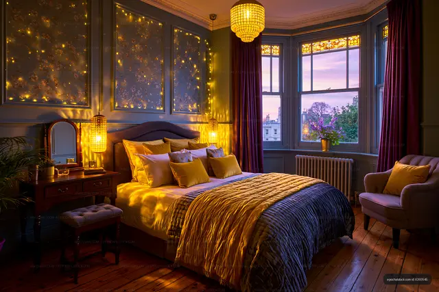 Cozy bedroom with warm lighting and vintage decor at dusk