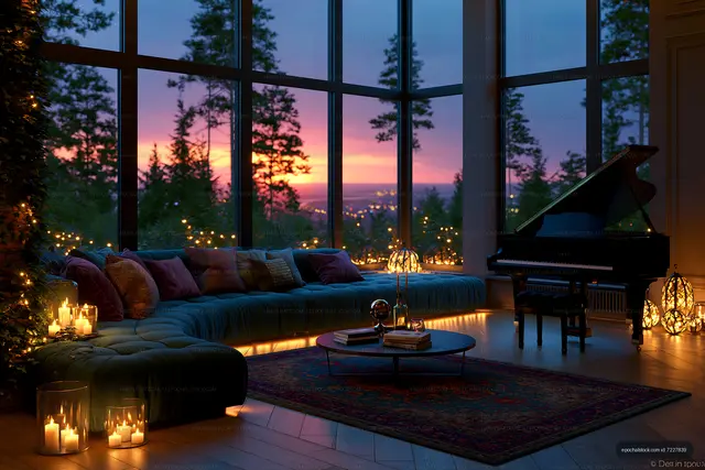 Cozy living room with piano and sunset view through large windows