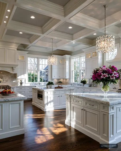 Modern kitchen with bright natural light and floral centerpiece