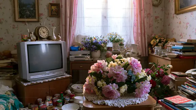 Cozy living room with flowers and vintage items