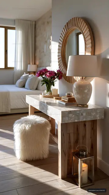 Cozy room with a dressing table in a sunlit bedroom