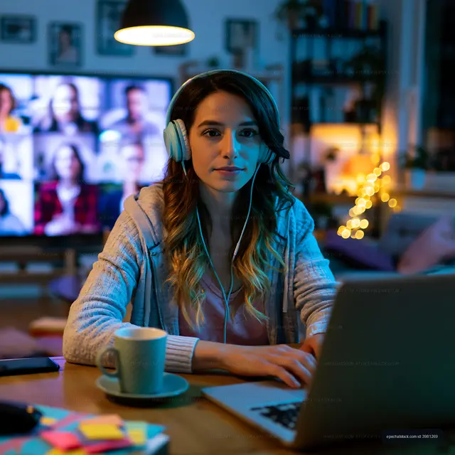 Woman working on laptop during video call at home in the evening