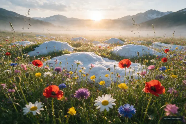 Colorful wildflowers bloom near melting snow in the mountains