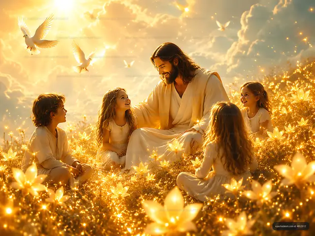 Gentle gathering of children with a figure in nature