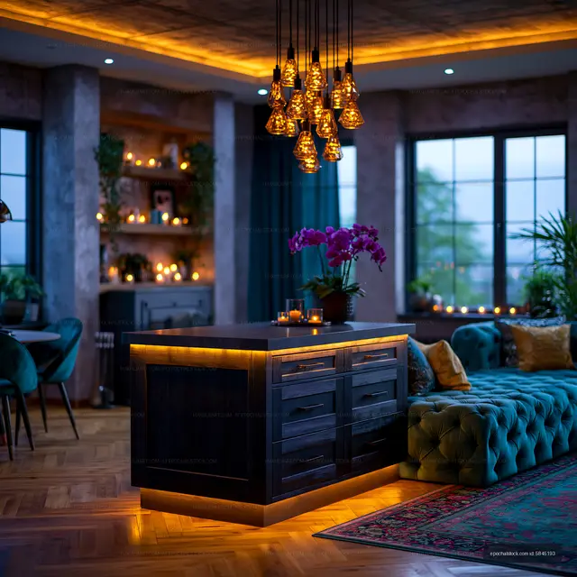 Modern living space with kitchen island and ambient lighting