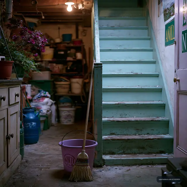 Storage area with stairs and cleaning tools near a doorway
