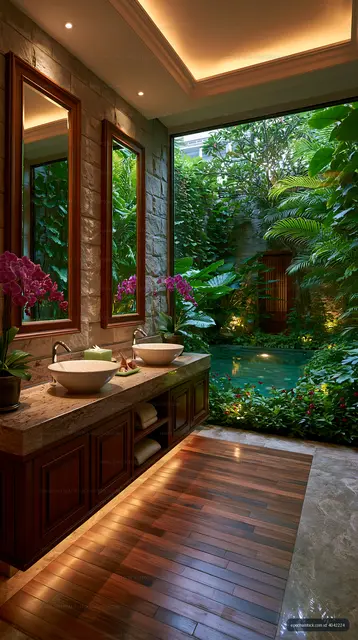 Spa-style bathroom with natural light and greenery