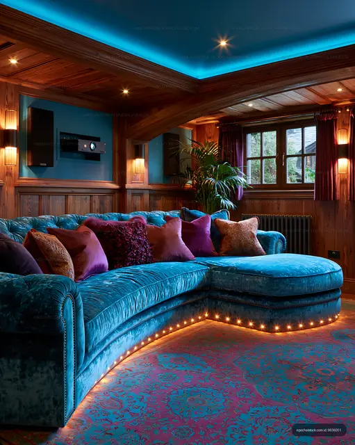 Cozy living room with blue sofa and warm lighting in a wooden setting