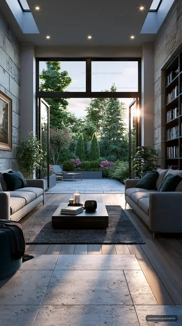 Modern living room overlooking a garden at sunset