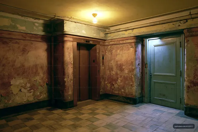Old hallway with elevator and door in worn building
