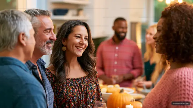 Gathering of friends at a cozy autumn dinner party