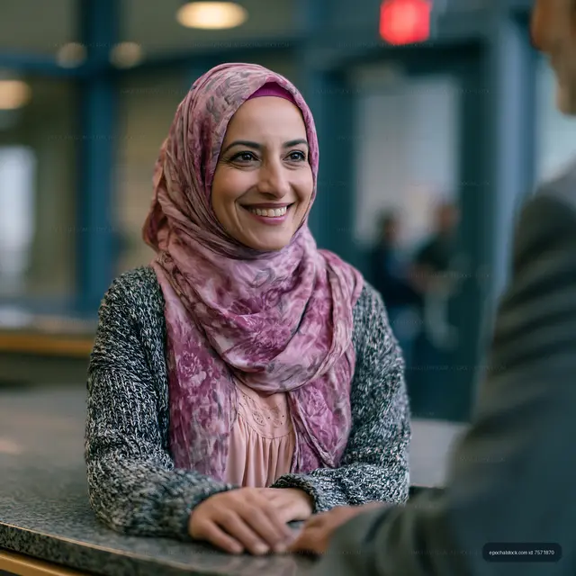 Woman in headscarf smiling during conversation in office setting
