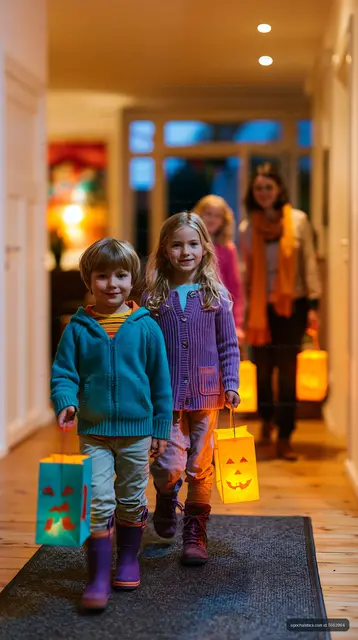 Children carrying Halloween lanterns in a home hallway
