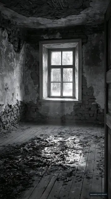 Abandoned room with cracked walls and sunlight streaming through