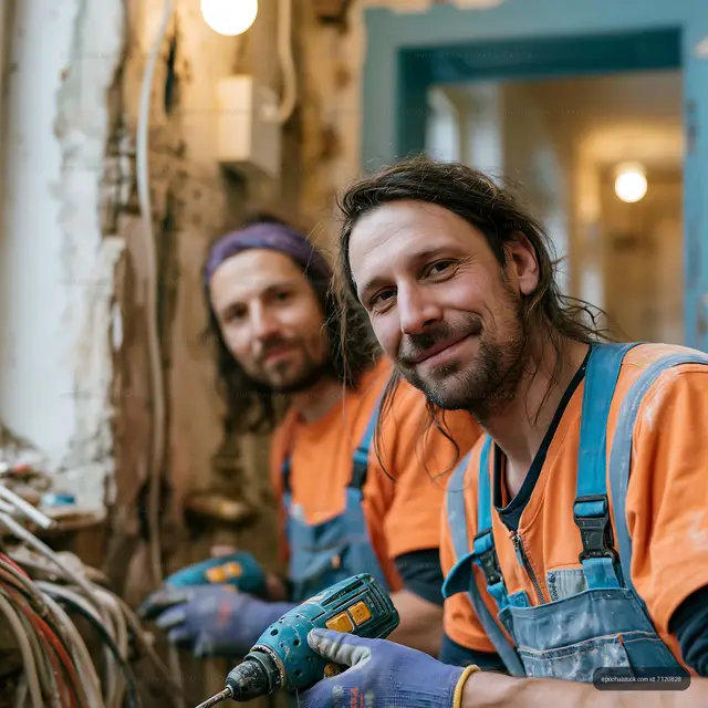Two electricians working on wires in a building renovation