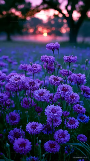 Purple flowers blooming at sunset in a natural field