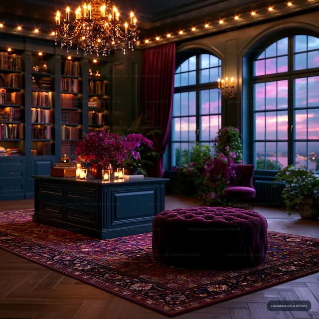 Cozy indoor space with bookshelf and sunset view