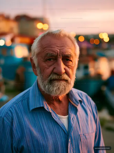 Elderly man standing outdoors during sunset with lights in background