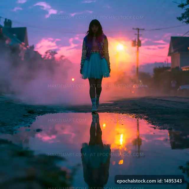 Young woman walking on street with water reflection at dusk