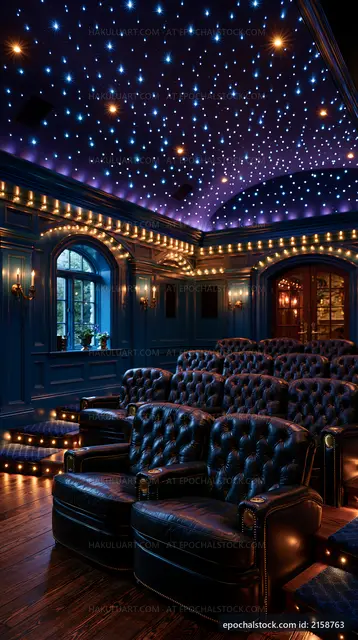 Luxurious home theater with starry ceiling and plush seating