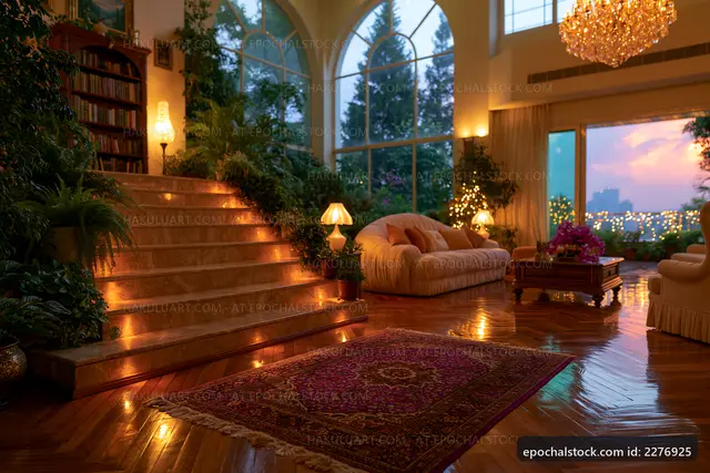 Cozy living room with warm lighting and greenery