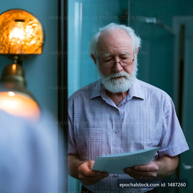 Elderly man reading a letter in a bathroom