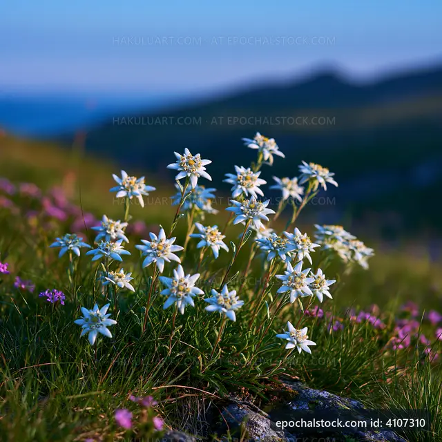 Edelweiss flowers bloom on a mountain slope during sunset