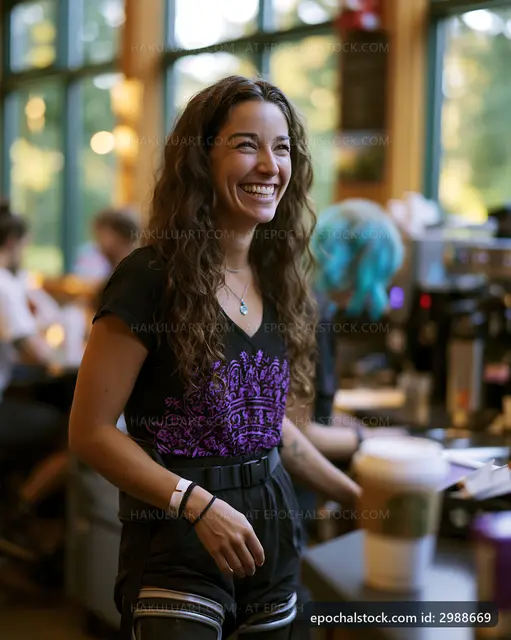 Woman smiling in cafe during busy day serving customers