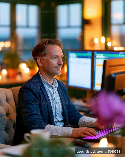 Man working at desk with computer in cozy office setting