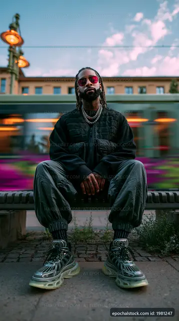 Man sitting on a bench in urban setting with blurred background