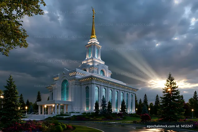 Church building with golden spire under cloudy sky at dusk