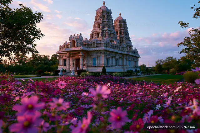Hindu temple surrounded by flowers during sunset