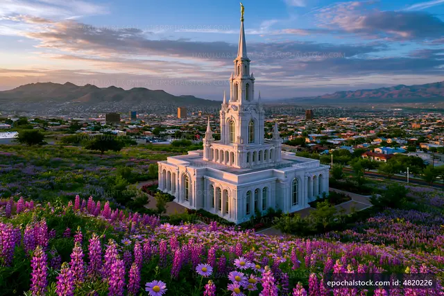 Landscape view of a temple surrounded by flowers at sunset