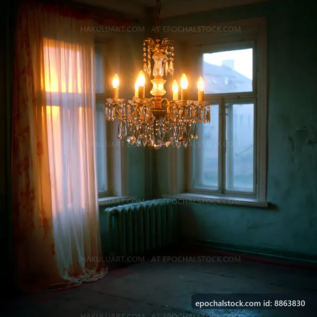 Chandelier hanging in a quiet room with sunlight through the window