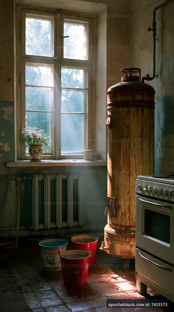 Light streaming into an old kitchen with a stove and heating tank
